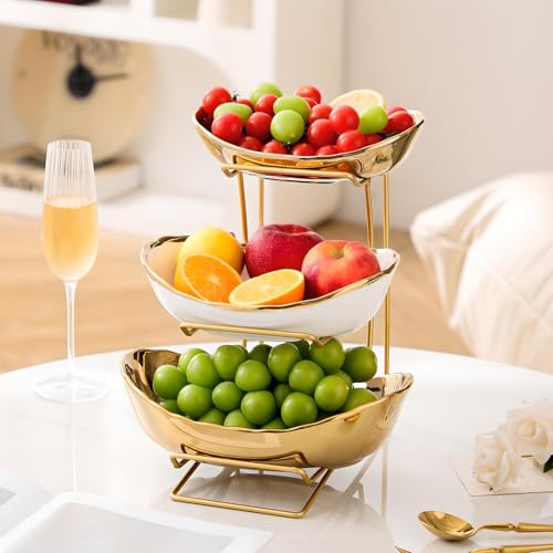 Gold Silver Fruit Bowl with Metal Stand, 3 Tier Ceramic White Fruit Bowl Fruit Rack for Kitchen Counter, Tiered Fruit Basket for Snacks Bread Candy Storage (Gold (Smooth Surface)) - color: Gold (Smooth Surface)