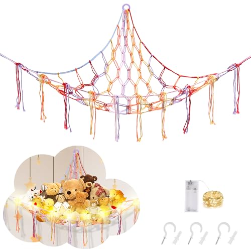 CERETIA Stuffed Animal Hammock with LED Light, Large Stuffed Animals Storage Corner Plushie Net for Kids Room Decor, Rainbow - color: Rainbow, size: Large-(Package of 1)