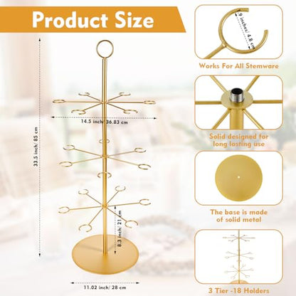 Cocktail Tree Stand for Drinks Wine Champagne Glass Tower for Parties, 3 Tiers 18 Holders Bar Wedding Metal Wine Glass Display Holder for Martinis Margarita Cups(Gold,Round Bottom,1 Pcs) - color: Gold