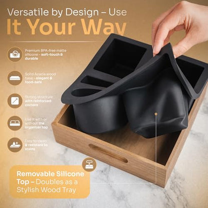 Couch Cup Holder and Serving Tray , Anti- Spill Couch Caddy , Silicone Paulownia Wood Cup Holder for Couch , Proof Couch Caddy Practical for Drinks ,Snacks, Remote Control, Rotatable Phone Holder.