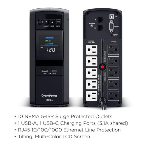 CyberPower CP1000PFCLCD PFC Sinewave UPS Battery Backup and Surge Protector, 1000VA/600W, 10 Outlets, AVR, Mini-Tower, UL Certified - size: 1000VA, style: Mini-Tower