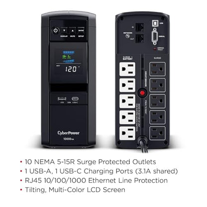 CyberPower CP1000PFCLCD PFC Sinewave UPS Battery Backup and Surge Protector, 1000VA/600W, 10 Outlets, AVR, Mini-Tower, UL Certified - size: 1000VA, style: Mini-Tower