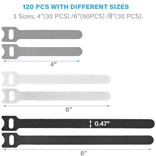 120 PCS Reusable Cable Ties with Hook and Loop, Multi-purpose Adjustable Cable Management Wire Ties Cable Straps for Organizing Home, Office and Data Centers (Black+White+Grey, 4"-6"-8") - color: Black+white+grey 4+6+8 In-120 Pcs