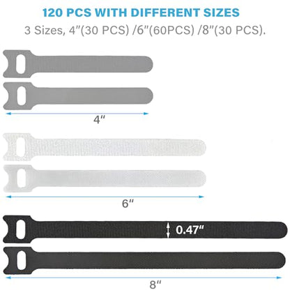 120 PCS Reusable Cable Ties with Hook and Loop, Multi-purpose Adjustable Cable Management Wire Ties Cable Straps for Organizing Home, Office and Data Centers (Black+White+Grey, 4"-6"-8") - color: Black+white+grey 4+6+8 In-120 Pcs