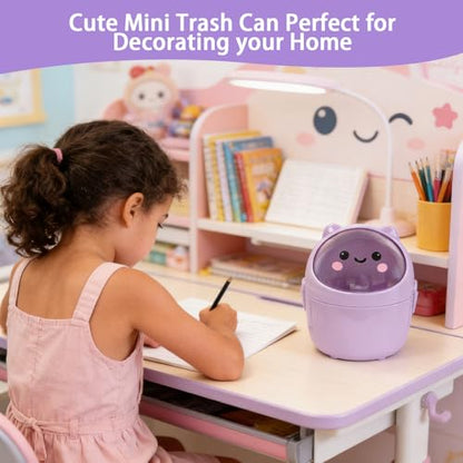 Mini Trash Can, Cute Small Trash Can with Lid, Desktop Paper Bin with 5 Rolls of Bin Liners, Portable Tabletop Dustbin, Cartoon Animal Rubbish Storage for Office Bedroom Desk Kitchen(Purple) - color: PurPle