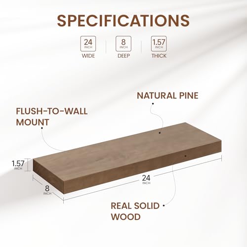 Heimlove Solid Wood Floating Shelves 24 inch, 8 Inch Deep Display Shelves Set of 2, Wall Mounted Floating Shelf with Invisible Brackets for Bathroom Bedroom Kitchen Living Room - American Walnut - color: American Walnut, size: 24”Wx8”Dx1.6”H