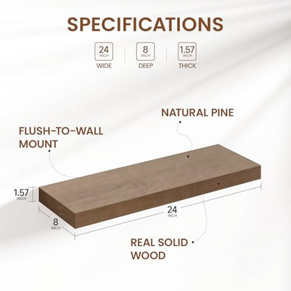 Heimlove Solid Wood Floating Shelves 24 inch, 8 Inch Deep Display Shelves Set of 2, Wall Mounted Floating Shelf with Invisible Brackets for Bathroom Bedroom Kitchen Living Room - American Walnut - color: American Walnut, size: 24”Wx8”Dx1.6”H