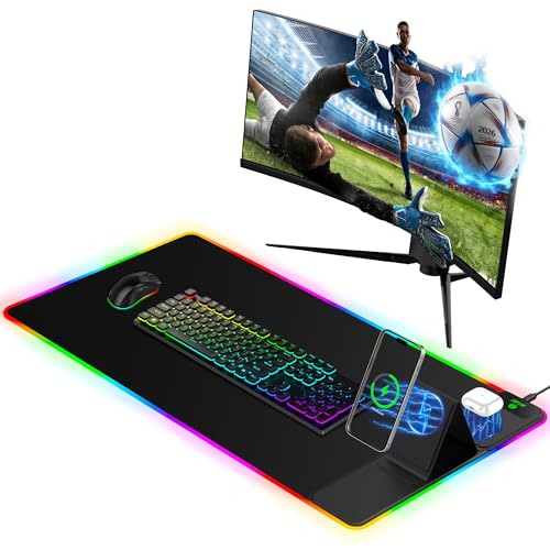 Mouse Pad with Foldable Phone Holder & Wireless Charger, XXL RGB Gaming Mousepad 31.5"x15.8" Large Desk Mat for Keyboard, Black Desk Pad with Dual Qi Charging Station | 11 Colors 5 Modes | Waterproof - color: Black-Right Phone Holder-31.5"x15.8"