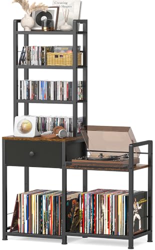 ikkle CD Rack with Drawer, 7-Tier DVD Organizer Shelf with Vinyl Storage | Media Storage Rack for CDs/DVDs, Vinyl Records, Books & Games, Ideal for Living Room & Home Office, 32.1x11.8x57.2 in, Brown