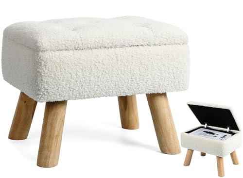 OGEMXU Storage Ottoman, Small Foot Stool Ottoman with Storage, Boucle Teddy Velvet Foot Rest with Padded Seat, Sturdy Wood Legs Stool for Living Room, Bedroom, Couch, Enterway (Cream) - color: Cream