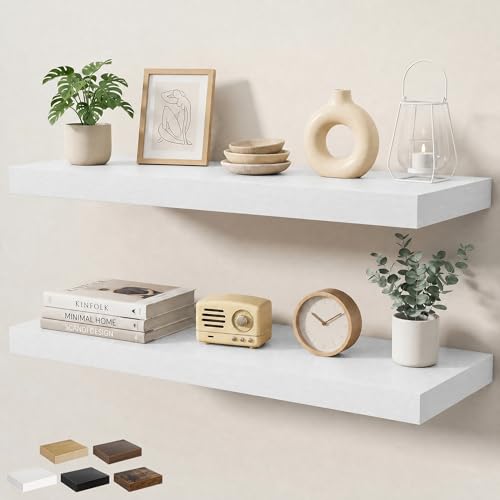 Floating Shelves for Wall 36 in x 9.3 in Deep, Wall Mounted Rustic Wood Shelf with Invisible Brackets for Storage & Display, Living Room Bedroom Bathroom, White, 2 Pack - color: White, size: 36 Inch, 2 pack