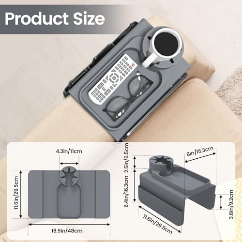 Couch Cup Holder Tray, Silicone Sofa Armrest organizer with Side Pockets for Storage Remotes, Cell-phone,Tablet or Snack, Anti-Spill and Anti-Slip Sofa Arm Tray for Recliner, Armchair Caddy (Gray) - color: Gray