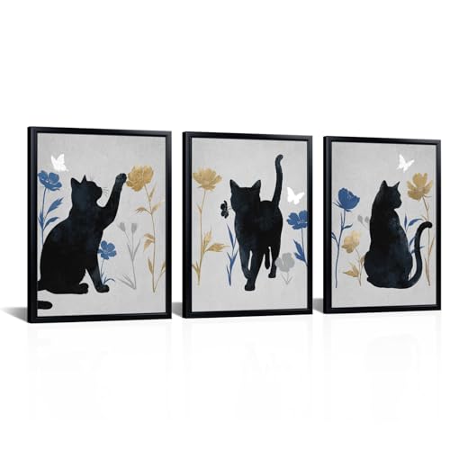 LoveHouse Framed Black Cat Silhouette Wall Art Cat with Blue and Gold Botanical Floral Canvas Prints for Cat Lovers Ready to Hang Kid's Room Bedroom Bathroom Wall Decor