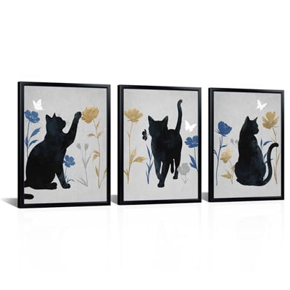 LoveHouse Framed Black Cat Silhouette Wall Art Cat with Blue and Gold Botanical Floral Canvas Prints for Cat Lovers Ready to Hang Kid's Room Bedroom Bathroom Wall Decor