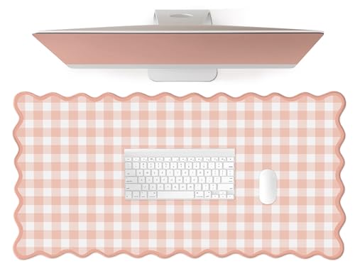 Scalloped‌ Pink Checkered Gingham Desk Mat Cute Pastel Large Mouse Pad Kawaii Cottagecore ‌Vintage‌ Girly Laptop Keyboard Computer Mat Pad Aesthetic Cozy Office Desk Decor for Women - color: A4- Peach Pink