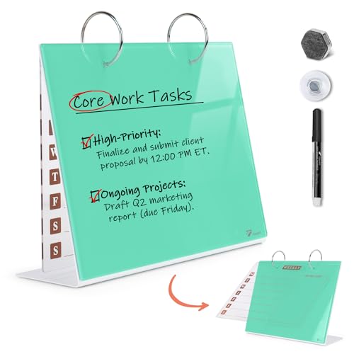 Desktop Glass Dry Erase & Acrylic Aesthetic Calendar Weekly to-do List Combo, Small Magnetic Standing Whiteboard, Desk Flip Easel Calendar with Accessories for Home Office Supply, Mint Green, 9 x 7'' - color: Turquoise With Flip Sheet