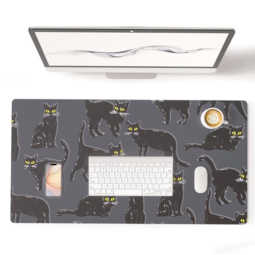 Colorful Star Black Large Mouse Pad, Cute Cat Waterproof Office Desk Mat, Non-Slip Gaming Mouse Pad, XXL PC Laptop Protector Pads, PU Leather Desk Writing Pads for Office Home, 31.5" x 15.7" - color: Black Cat, size: 31.5" x 15.7"
