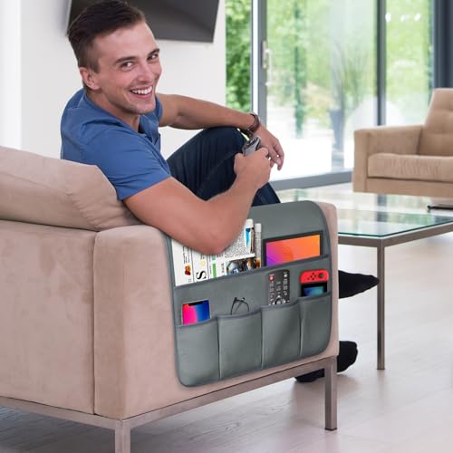TV Remote Control Holder Couch Caddy, Non-slip Bedside Caddy Organizer with 5 Pockets for Key Glasses Phone Magazine Holders (Gray, 35''x18'') - color: Gray, size: 35"x18"