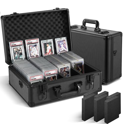 Graded Card Storage Box, 4 Row Black Hard Slab Case Trading Card Holder | Super load-bearing aluminum case,Fits 160 PSA/BGS/SGC graded cards Features lock, 6 foam dividers & shoulder strap
