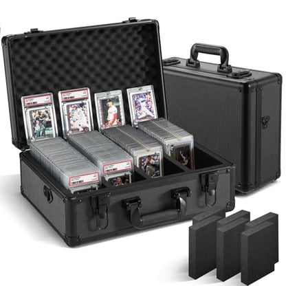 Graded Card Storage Box, 4 Row Black Hard Slab Case Trading Card Holder | Super load-bearing aluminum case,Fits 160 PSA/BGS/SGC graded cards Features lock, 6 foam dividers & shoulder strap