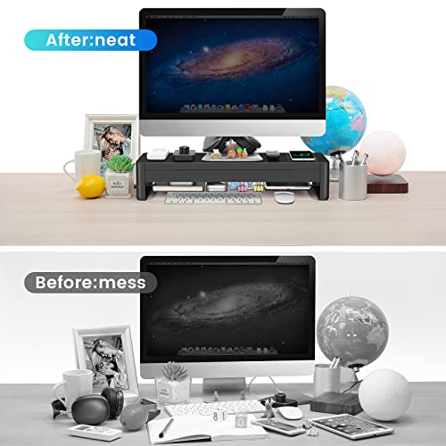 meatanty 3 In 1 Monitor Stand Riser with 2 Drawers,1 Wireless Charging Module and 4 USB Ports,Metal Computer Stand Support Transfer Data & Charging,Desk Organizer for PC,iMac (21 inches) - size: Large