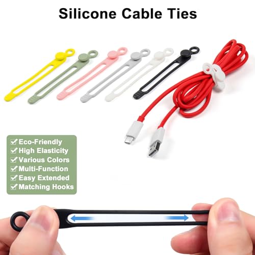 50Pcs Cord Organizer Kit, Reusable Silicone Cable Ties, Strong Adhesive Cable Clips for Cable Management, Multipurpose Wire Management for Bundling and Fastening Various Wires (6 Colors) - color: 50pcs-black, White, Grey, Pink,green, Yellow