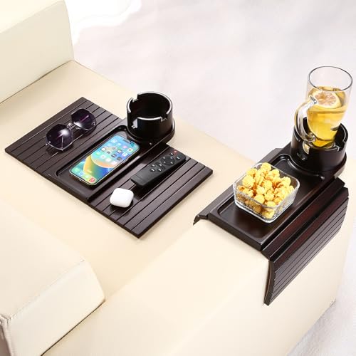 Couch Cup Holder Tray, 15.75" Bamboo Cup Holder for Couch, 3 in 1 Foldable Arm Chair Clip on Side Tray Table for Remote Snack Table on Armrest - color: Black Walnut