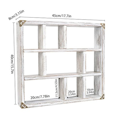 17.7x15.7-Inch Shadow Box Shelf 9-Slot Rustic Wood Floating Shelves Larger Shelf Lightweight Solid Wood Display(Set of 2,9C-Rustic White) - color: 9c-rustic White, size: 2 PCS