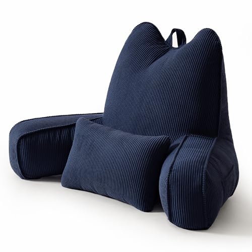 Patented Design Corduroy Sit Up Pillow for Bed with Arms, Reading Pillow for Adults with Extra Lumbar Pillow, Bed Rest Backrest for Watching TV, Gaming & Relaxing, Navy Blue - color: Navy Blue