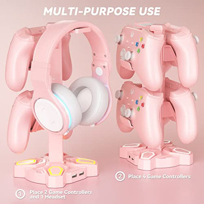 KDD Headphone Stand with Light Modes - Rotatable Pink Game Headset Holder with 3.5mm AUX & 2 USB Port - Suitable for PC Desk Accessories Gamers Gift(Pink) - color: Pink