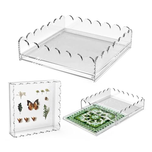 Scalloped Acrylic Tray with Magnetic Mat - 9.8"x9.8" Vanity Tray for Perfume with Drawer,Customizable for Photos,Artwork,Jewelry，Messages,Durable Perfect for Home Decor,Bathroom Counter Organizer - size: 9.8" x 9.8" x 2.6"