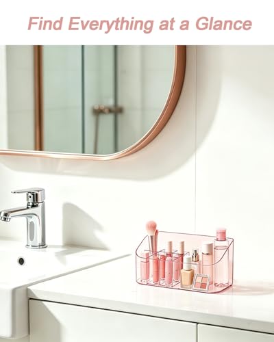 Makeup Tray Holder Organizer Cosmetic Display Case Tabletop Desktop Vanity Countertop Bathroom Wall Cabinet Medicine Storage Box 9 Dividers 2 Removable Women Ladies Girls Gifts Crystal Pink 1 PACK - color: Crystal Pink