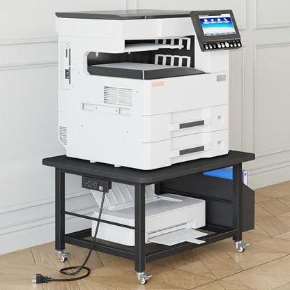 YAOHUOO 23.6"×23.6" Large Printer Stand with Power Outlet, Printer Table with Storage Side Pocket, Heavy Duty Rolling Cart for Home Office 3D Printer/Laser/Heat Press Table, Black - color: Black