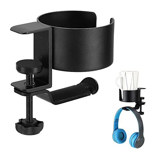 2 in 1 Desk Cup Holder with Headphone Hanger Holder, Anti-Spill Cup Holder-360° Rotation Aluminum Alloy Stand Hook Bearing Capacity 10kg/22lb Suitable for Coffee Mups,Water Cups,Bag,Headphone