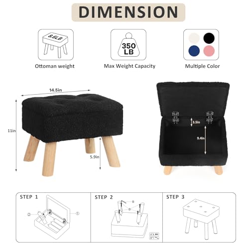 OGEMXU Storage Ottoman, Small Foot Stool Ottoman with Storage, Boucle Teddy Velvet Foot Rest with Padded Seat, Sturdy Wood Legs Stool for Living Room, Bedroom, Couch, Enterway (Black) - color: Black