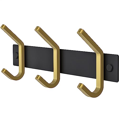 Small Coat Rack Wall Mount – Black and Gold Hook Rail with 3 Double Coat Hooks, 9 Inch Stainless Steel Wall Hooks for Entryway, Bathroom, Bedroom, Closet, Towel, Hat, Bag, Heavy Duty Organizer - color: Black + Gold, size: 3 Hooks - 1 Pack
