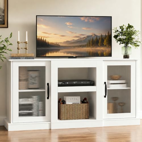 WLIVE 58" Farmhouse TV Stand for 65 Inch TV, Tall Entertainment Center with Storage Cabinets & Adjustable Shelves, Modern Media Console Table with Acrylic Doors for Living Room Bedroom, White - color: White, size: 58'' Farmhouse TV Stand