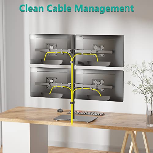 WALI Freestanding Quad Monitor Mount for 17-27 Inch Screens, Fully Adjustable 4 Monitor Stand with Swivel, Tilt, Rotation, Glass Base, Max Load 22 lbs per Arm (GMF004), Black - size: Quad, style: Glass Free Stand