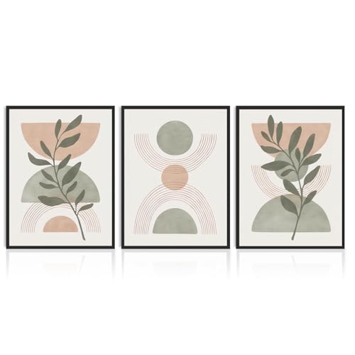 Dazzlewall 3pcs Boho Abstract Wall Art Poster, Minimalist Green Botanical Leaves Neutral Canvas Prints for Bedroom Living Room Decor, 12x16 in Unframed - color: Multicolour