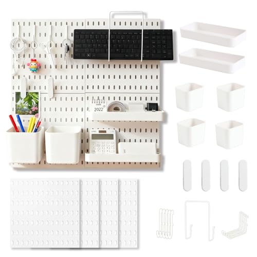 Pegboard Wall Mounted Organizer Storage Set, Includes 4 White Pegboards and 20 Hanging Accessories, 23" x 23" Plastic PegBoard Panels Combination Kit for Home, Office, Garage Tool Storage & Craft Room