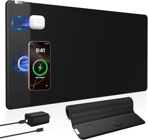 Magnetic Wireless Charging Mouse Pad, 31.5"x15.8" Large Gaming Desk Mat for Keyboard/Laptop, Non-Slip Base & 20W PD Adapter, Waterproof Ultra-Smooth Surface Mousepad for Gamer, Office & Home, Black - color: Black-31.5"x15.8"(with Wall Charger)