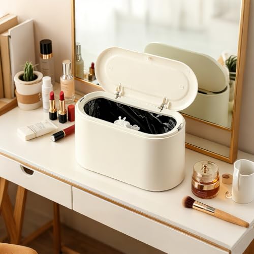 XZZWLL Mini Trash Can for Desk, Tiny Plastic Countertop Garbage Can with Lid, Easy to use and Keep Desktop Clean for Vanity, Bedside, Bathroom and Kitchen with 3 Rolls Trash Bags