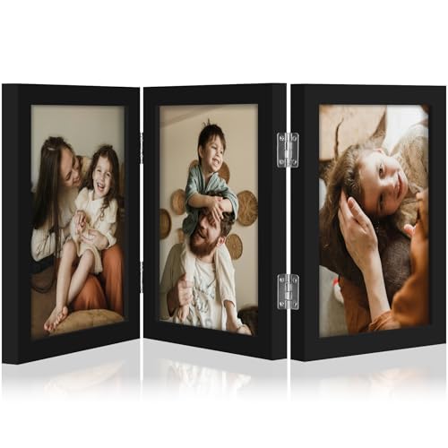 decorUhome Black Triple 5x7 Picture Frame Vertical, MDBK08 | "Z" Shape Folding Design Engineered Wood Trifold Photo Frame with Plexiglass for Tabletop Display - color: Black, size: 5x7