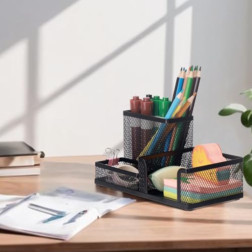 Comix Mesh Pen Pencil Holder Desk Organizer, 3 Compartment Wire Desktop Pen Pencil Cup Caddy Office Supplies Desk Accessories for Home Office School, Black - color: 3 Compartments