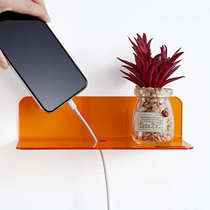 OAPRIRE Small Acrylic Floating Wall Shelves Set of 2, Flexible Use of Wall Space, 9 Inch Adhesive Display Shelf for Security Cameras/Smart Speaker/Action Figures, with Cable Clips - Clear Orange - color: Orange