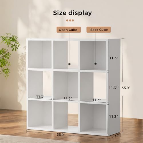 LUCKLIFE 9-Cube Storage Organizer, Stackable Modular Bookcase Shelf with Vertical or Horizontal Use, Fits 11×11" Bins, Optional Back Panels, for Living Room, Office, White - color: 9 Cube - White