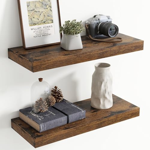 24 Inch Floating Shelves for Wall, 8 Inch Deep Floating Shelf for Storage & Display, Wall Mounted Shelf with Invisible Brackets for Living Room, Kitchen, Bathroom, Home Decor, Set of 2, Rustic Brown - color: Rustic Brown, size: 24 Inch, Set of 2