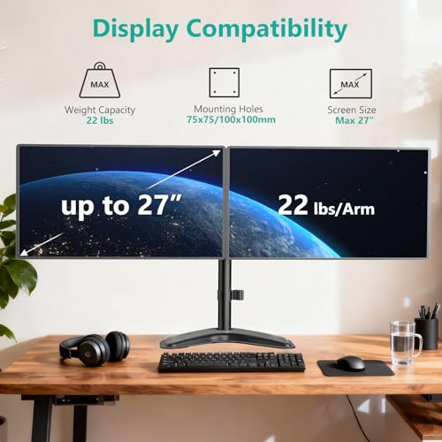 WALI Dual Monitor Stand, Freestanding Full Motion Monitor Desk Mount Fits 2 Screens up to 27 inches, Dual Monitors Arm Fits up to 22lbs, VESA 75x75 100x100 (MF002LM), Black - size: Dual, style: Steel Free Stand