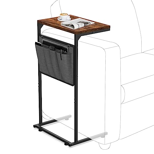 Vantic C Shaped End Table, Small Side Table for Couch and Recliner, Slide Under Sofa Tray Desk with Storage Bag for Living Room and Bedroom, Rustic Brown - color: Rustic Brown