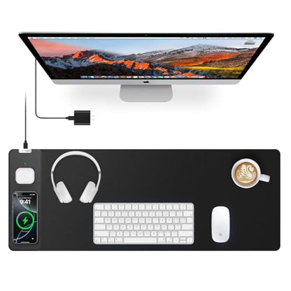 Magnetic Wireless Charging Mouse Pad, 27.5"x11.8" Gaming Desk Mat for Keyboard/Laptop, Non-Slip Base & 20W PD Adapter, Waterproof Smooth Desk Writing Pad for Gamer, Office & Home, Black - color: Black-27.5"x11.8"(with Wall Charger)